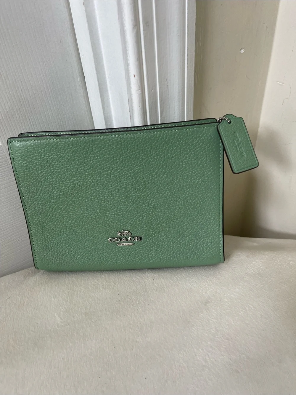 Coach Mint Green Pebbled Leather Wristlet Clutch